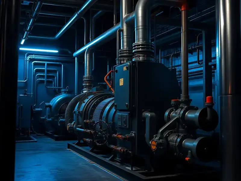 Industrial pump system in dark factory setting